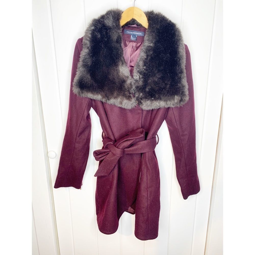 French‎ Connection Faux Fur Trim Belted Jacket